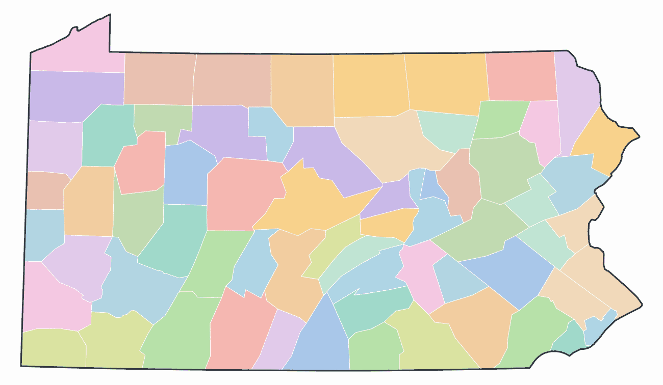 Colored County Map of Pennsylvania