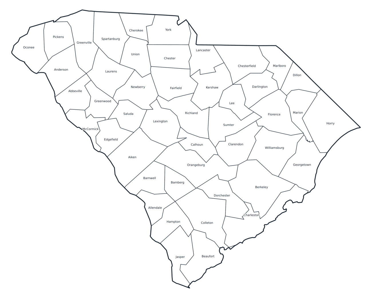 Labeled County Map of South Carolina