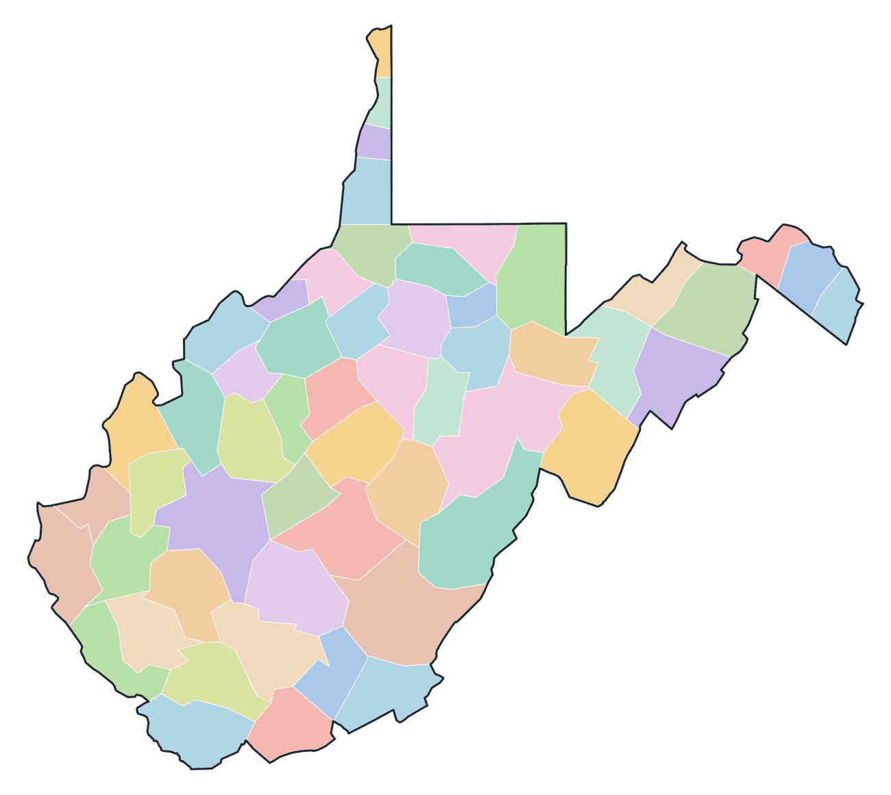 Colored County Map of West Virginia