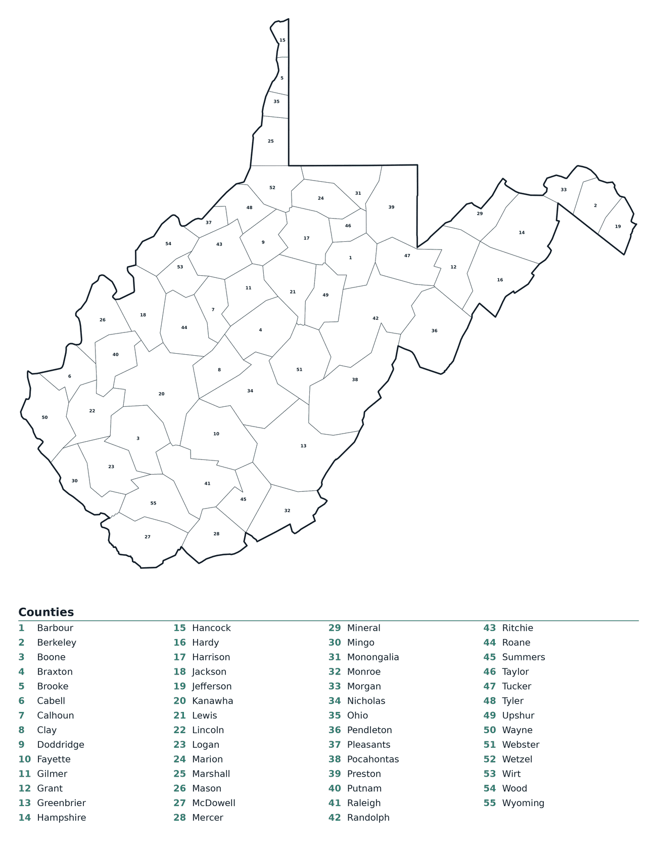 Labeled County Map of West Virginia