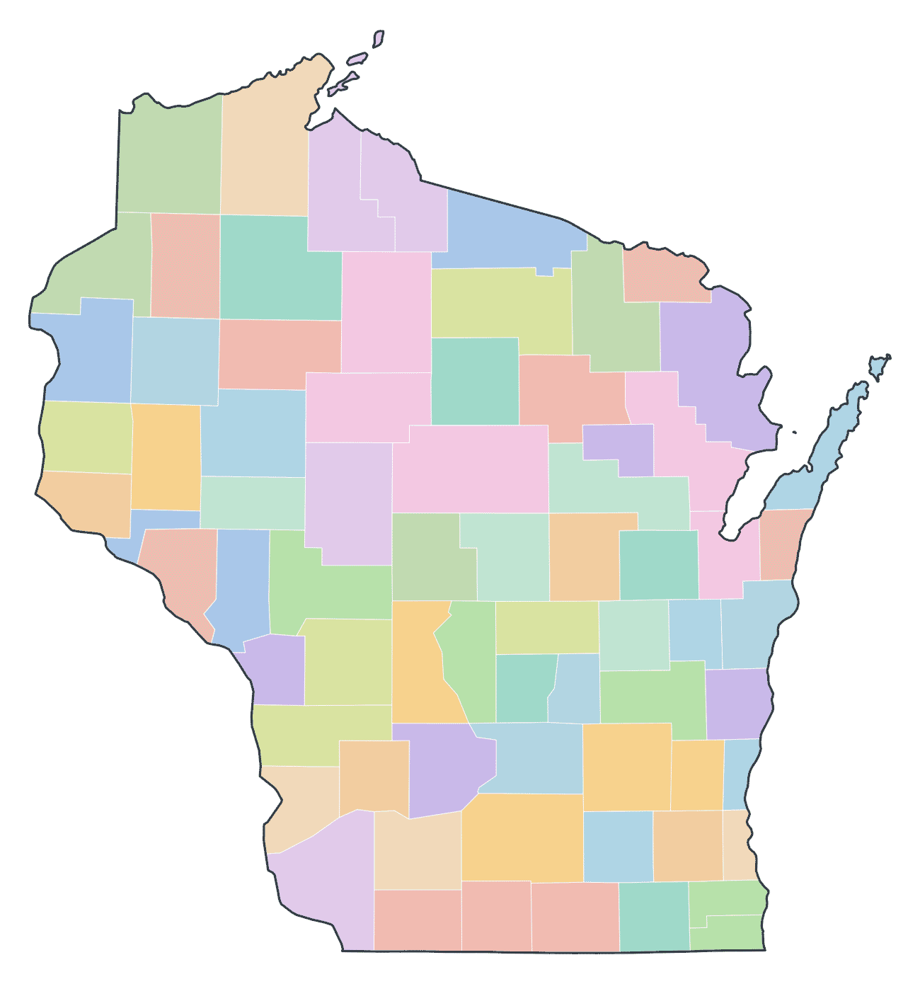 Colored County Map of Wisconsin