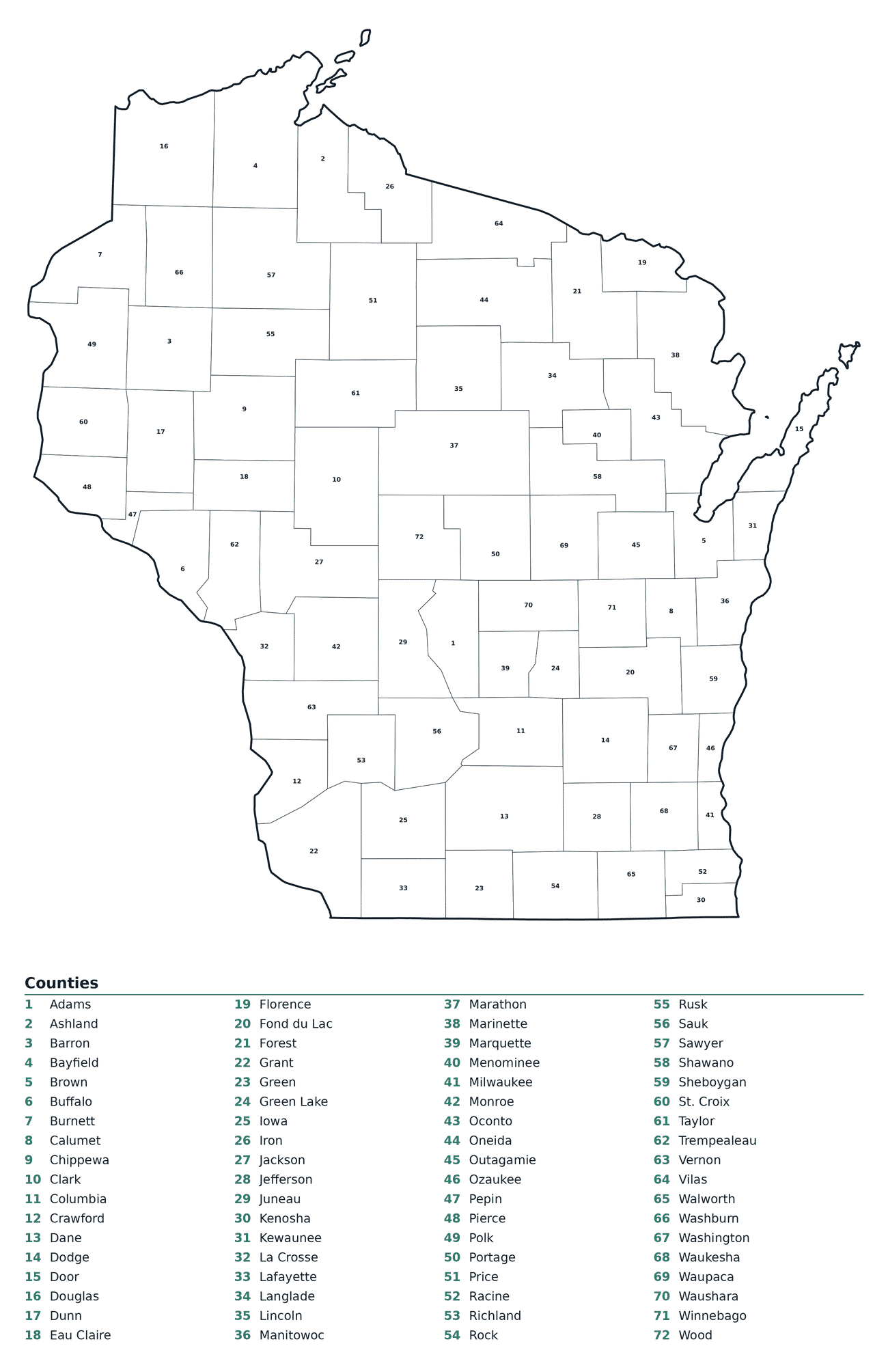Labeled County Map of Wisconsin