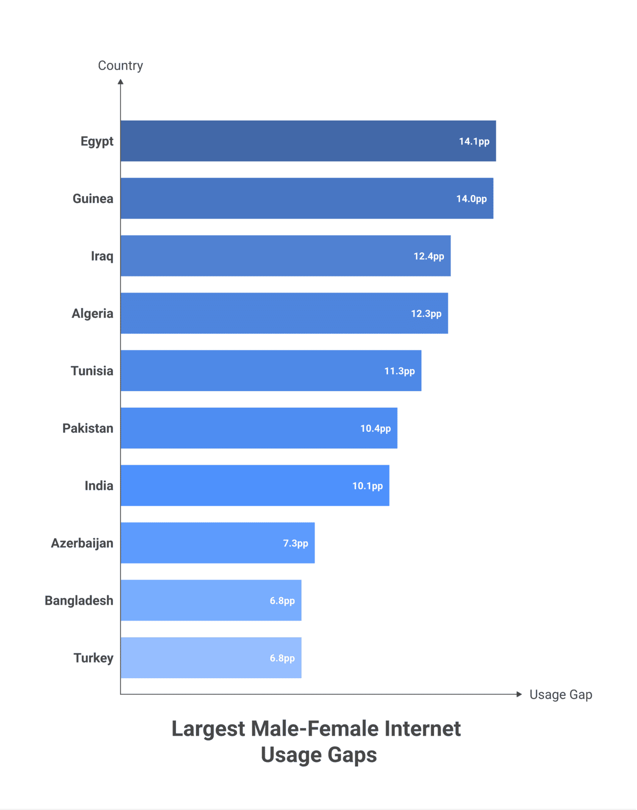 Bar chart of the ten countries with the largest male-female internet usage gaps — Egypt, Guinea, Iraq, Algeria, Tunisia, Pakistan, India, Azerbaijan, Bangladesh, Türkiye