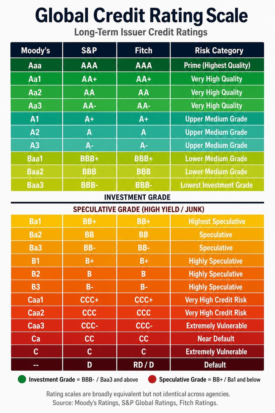 Global credit rating scale table comparing Moody's, S&P and Fitch long-term ratings from Aaa/AAA down to default, with risk categories
