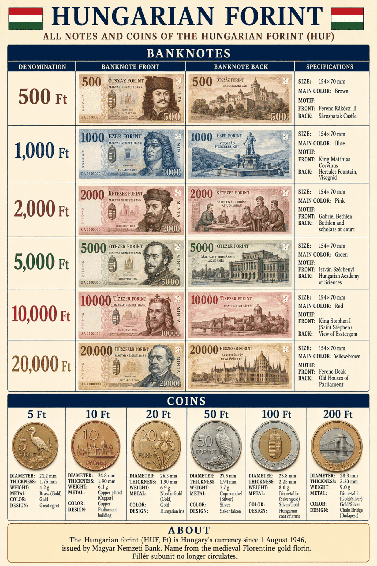 Detailed editorial infographic of all banknotes and coins of Hungarian Currency — The Forint (HUF) in 2026, showing each denomination's front, back, size, main color and motif, plus all circulating coins with their physical specifications. Portrait layout, editorial magazine style.
