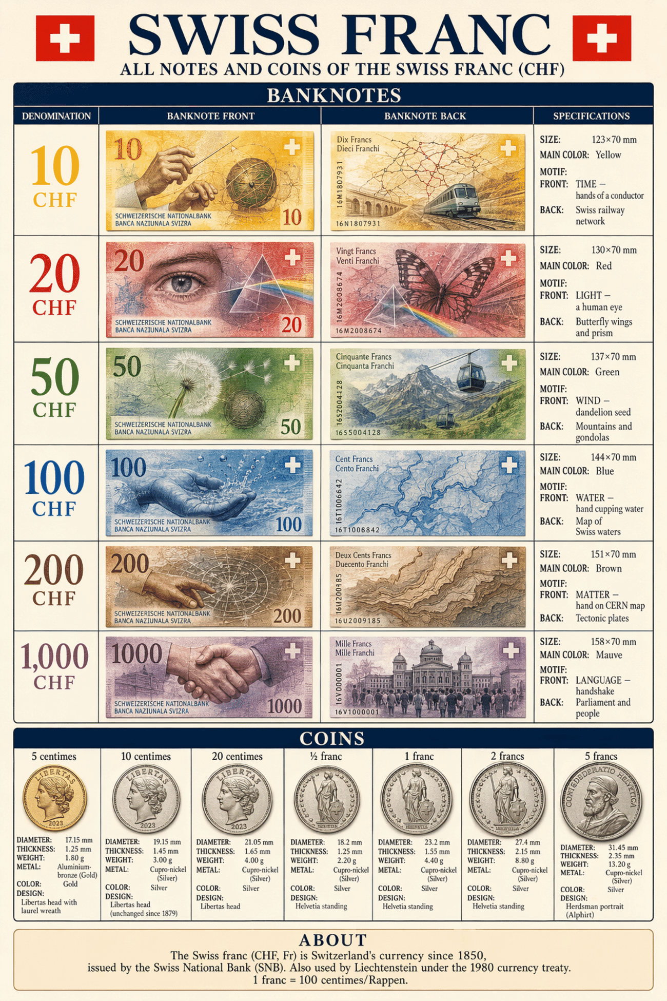 Detailed editorial infographic of all banknotes and coins of Swiss Currency — The Franc (CHF) in 2026, showing each denomination's front, back, size, main color and motif, plus all circulating coins with their physical specifications. Portrait layout, editorial magazine style.