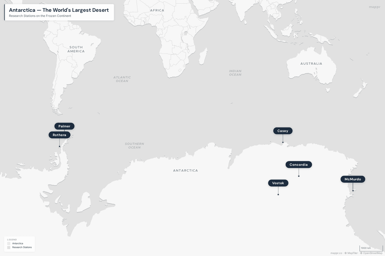 Map of Antarctica showing the polar desert continent and major features