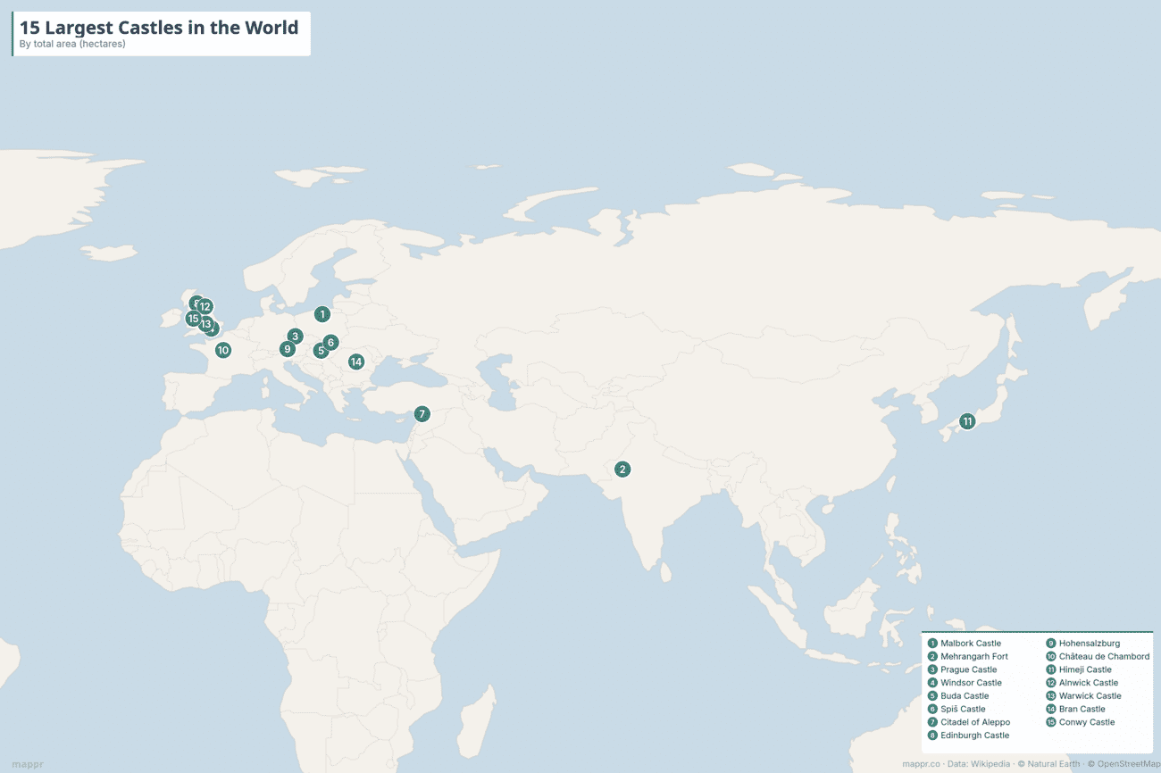 Map showing the locations of the 15 largest castles in the world
