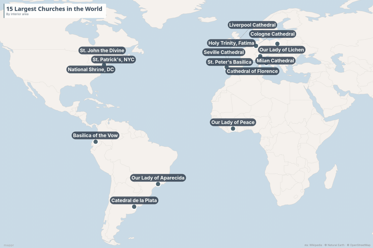 Map showing the locations of the 15 largest churches in the world