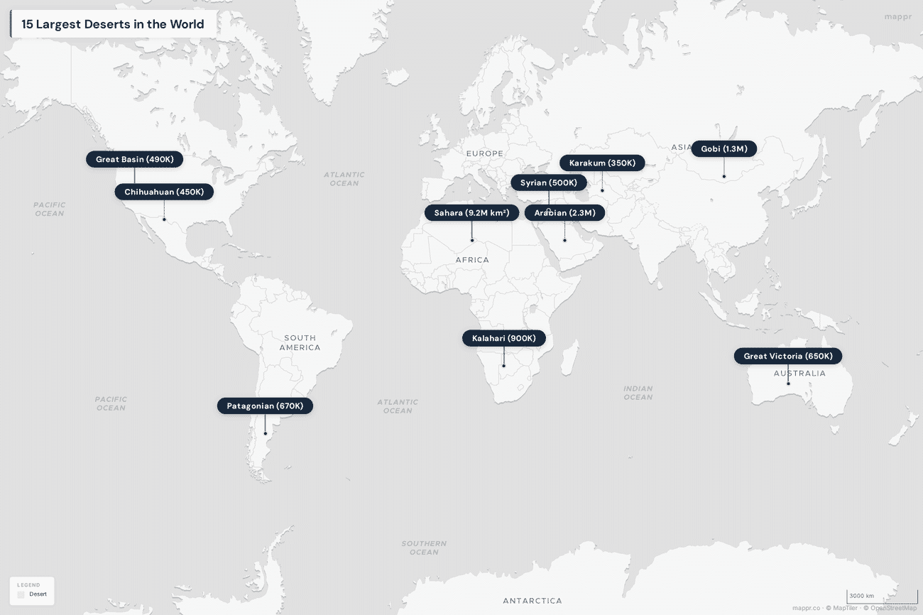 World map showing the 15 largest deserts