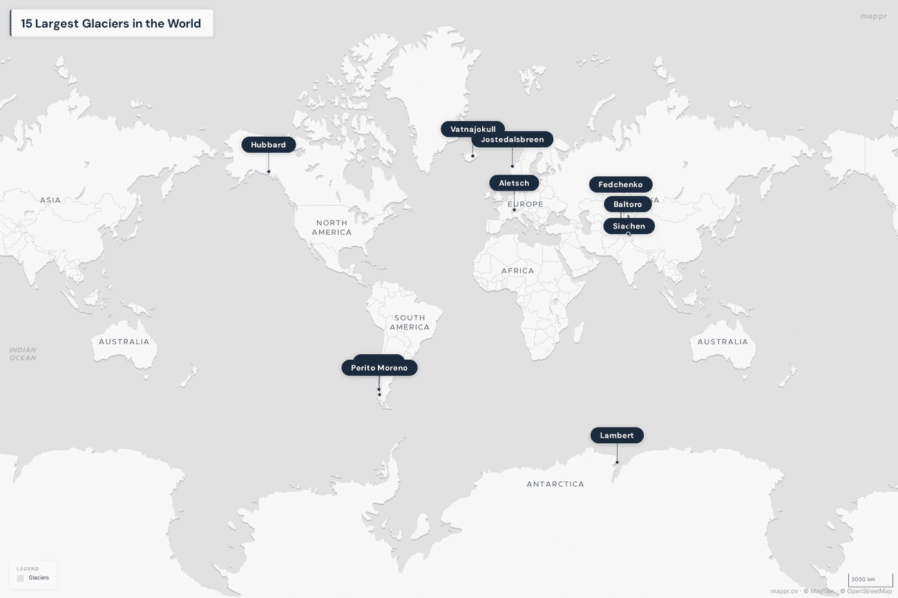 World map showing the locations of the 15 largest glaciers