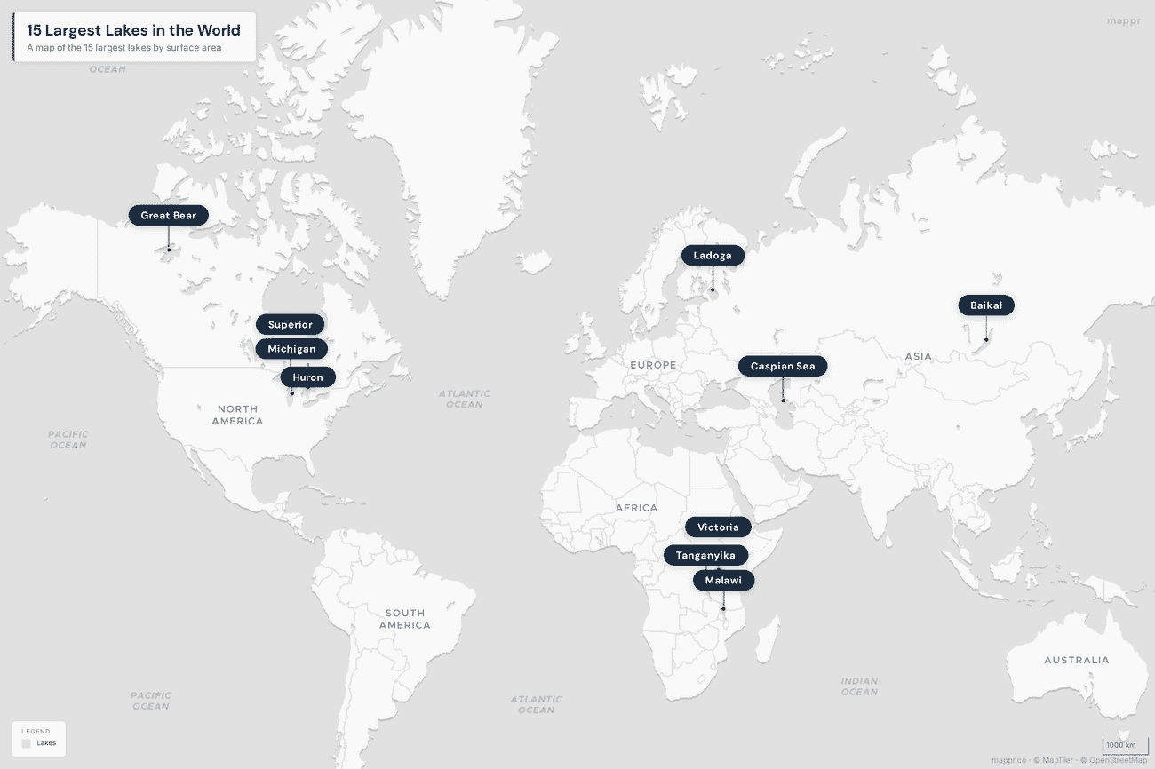World map showing the 15 largest lakes by surface area
