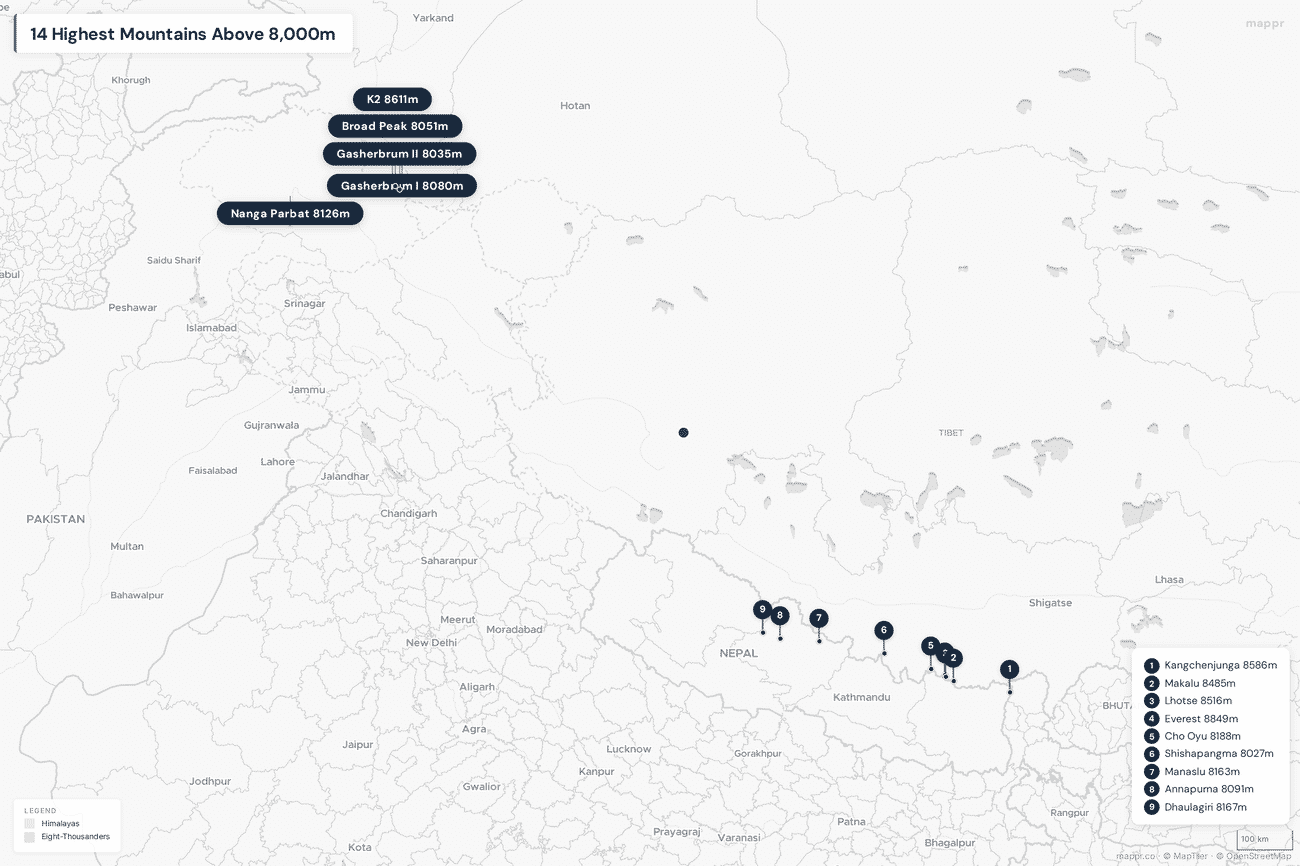 Map showing all 14 mountains above 8000 meters in the Himalayas and Karakoram
