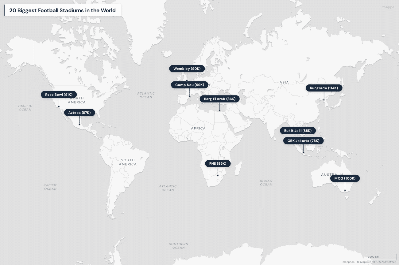 World map showing the locations of the 20 biggest football stadiums