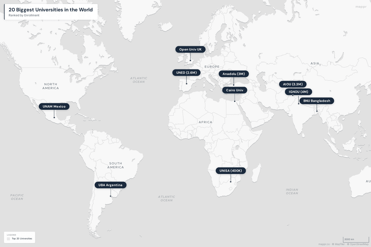 World map showing the locations of the biggest universities by enrollment