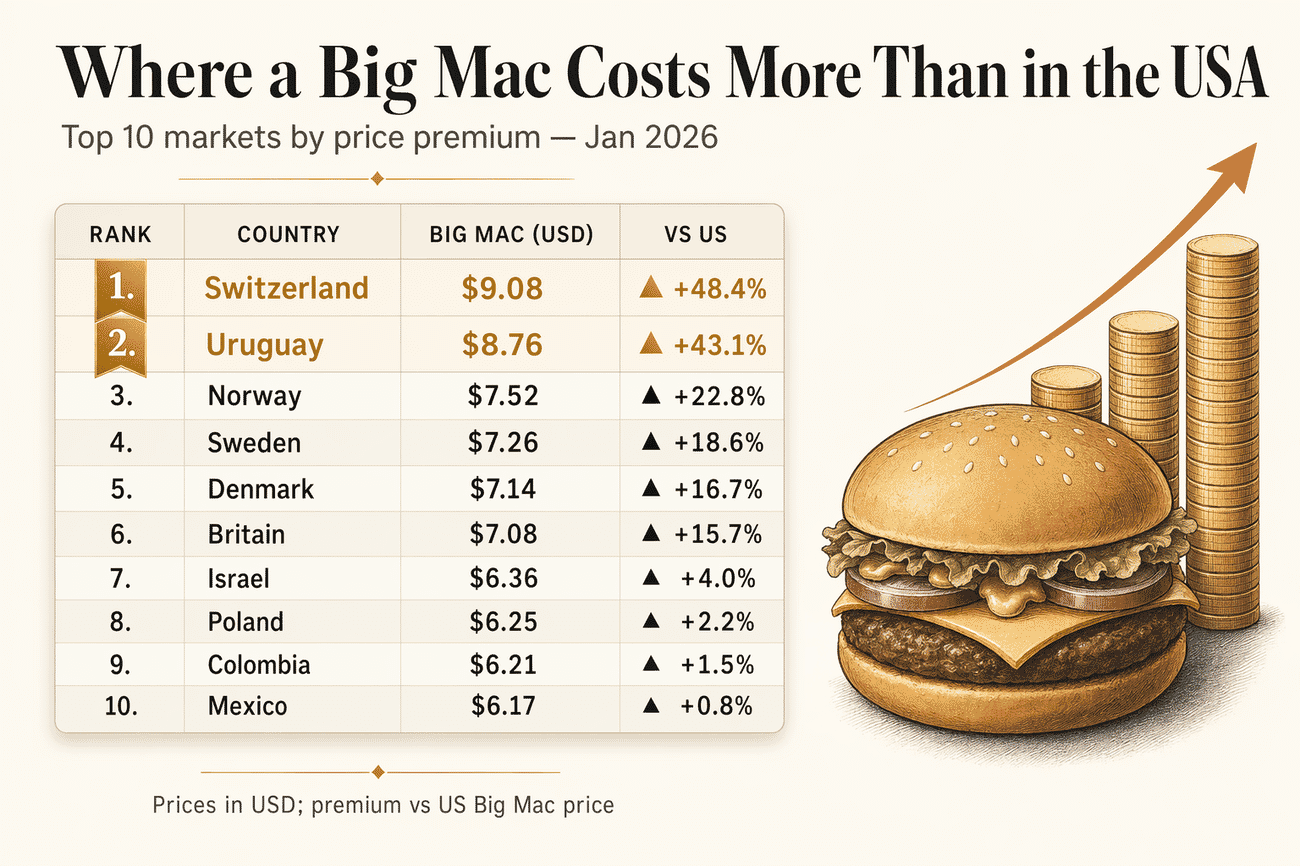 Top 10 Most Overvalued Currencies vs USD (Big Mac Index), January 2026