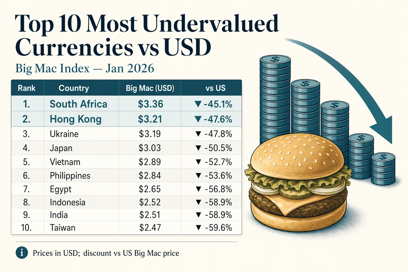 Top 10 Most Undervalued Currencies vs USD (Big Mac Index), January 2026