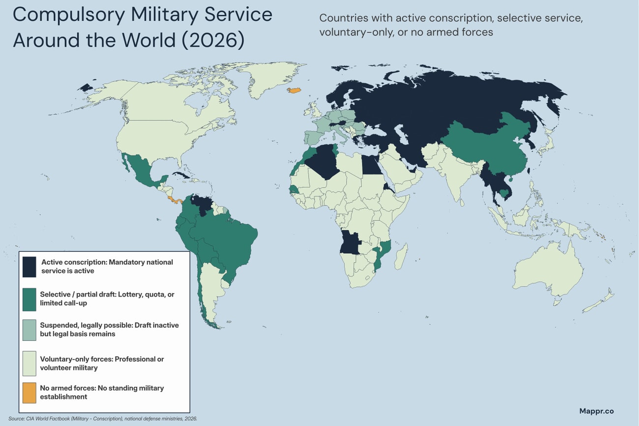 World map showing compulsory military service status by country in 2026: active conscription, selective draft, suspended, voluntary-only, and countries with no armed forces.
