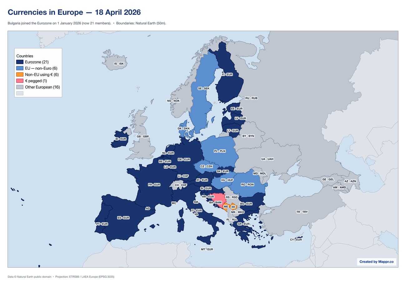 Map of Europe in April 2026 showing the 21 Eurozone countries in dark blue, the 6 EU member states outside the Eurozone in medium blue, the 6 non-EU microstates and territories using the euro in orange, Bosnia and Herzegovina in pink as a euro-pegged currency, and the remaining 16 European countries with independent currencies in gray