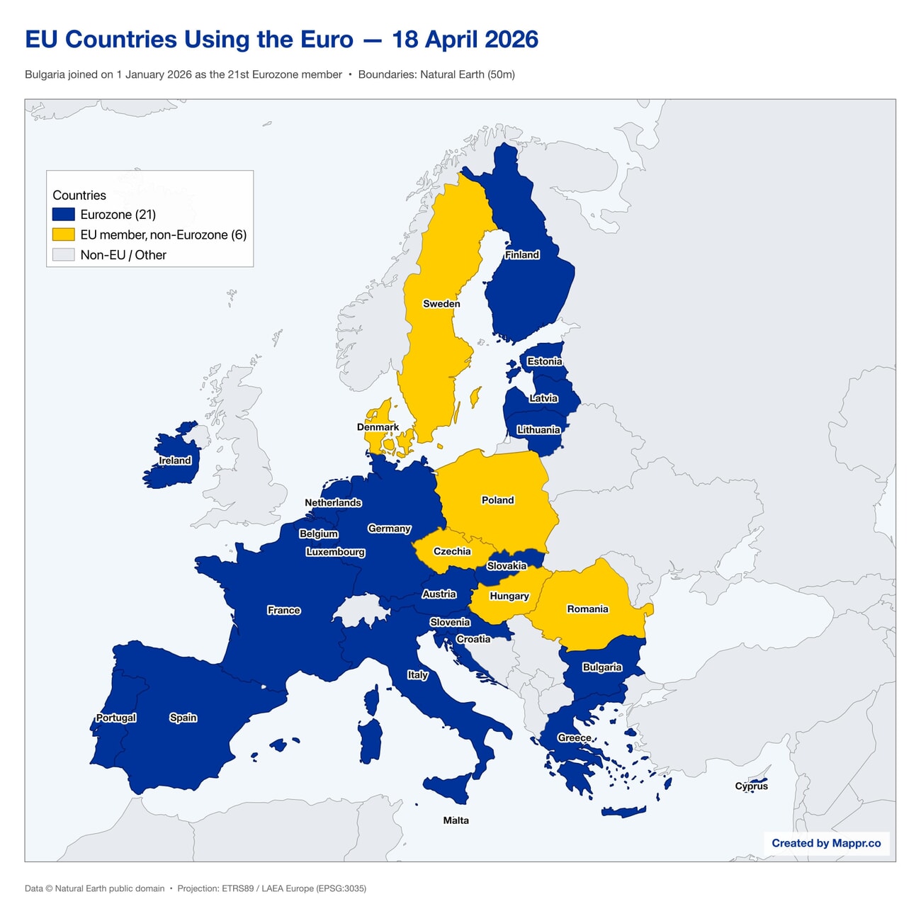 Map of European Union countries showing the 21 Eurozone members in 2026, after Bulgaria's adoption of the euro on January 1, 2026