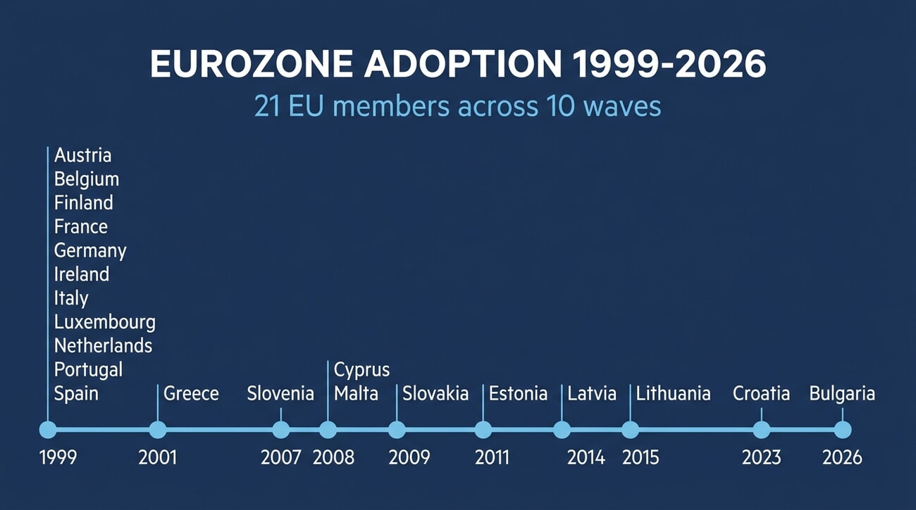 Timeline showing the 21 EU countries that adopted the euro from 1999 to 2026, grouped by adoption year