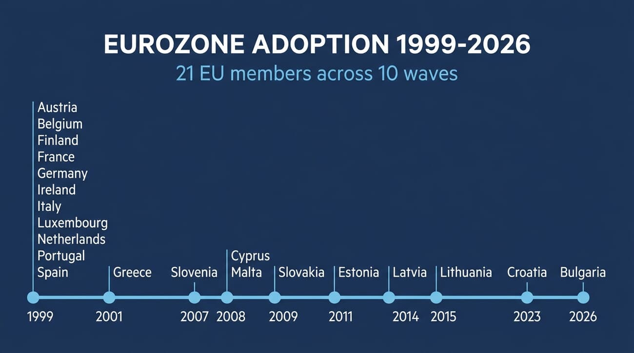 Timeline showing the 21 EU countries that adopted the euro from 1999 to 2026, grouped by adoption year