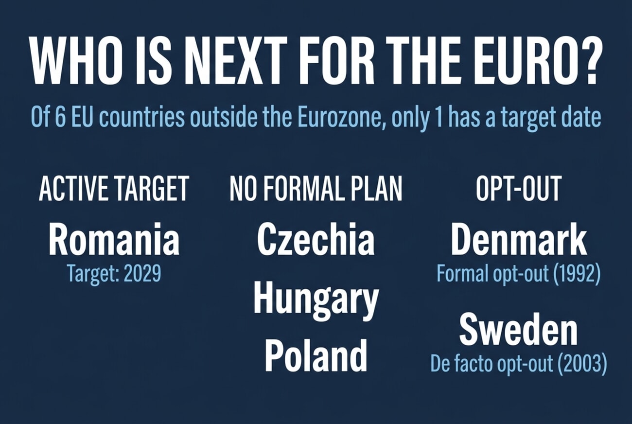 Infographic showing the 6 EU countries outside the Eurozone in 2026, grouped by status: Romania has a 2029 target, Czechia, Hungary and Poland have no formal plan, Denmark has a formal opt-out from 1992 and Sweden has a de facto opt-out from its 2003 referendum