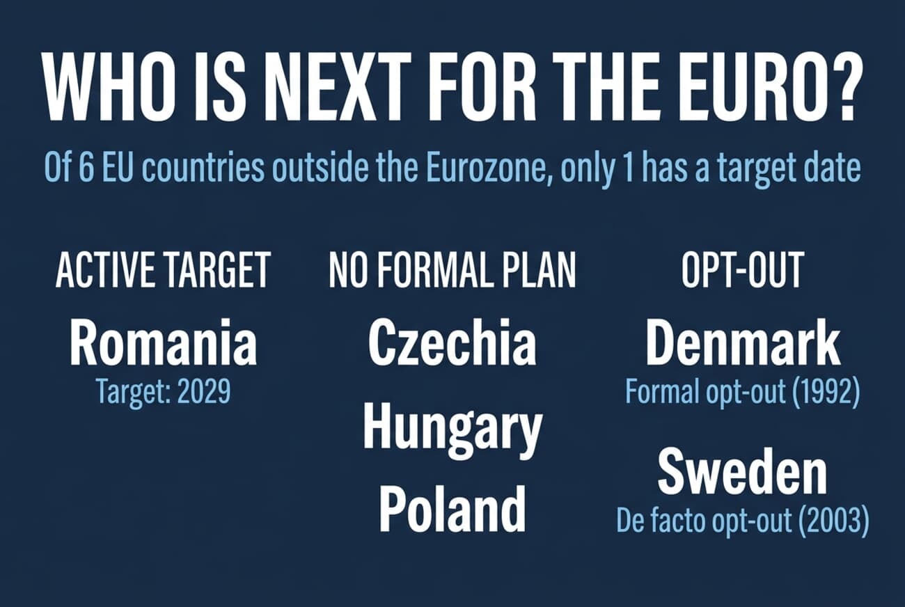 Infographic showing the 6 EU countries outside the Eurozone in 2026, grouped by status: Romania has a 2029 target, Czechia, Hungary and Poland have no formal plan, Denmark has a formal opt-out from 1992 and Sweden has a de facto opt-out from its 2003 referendum