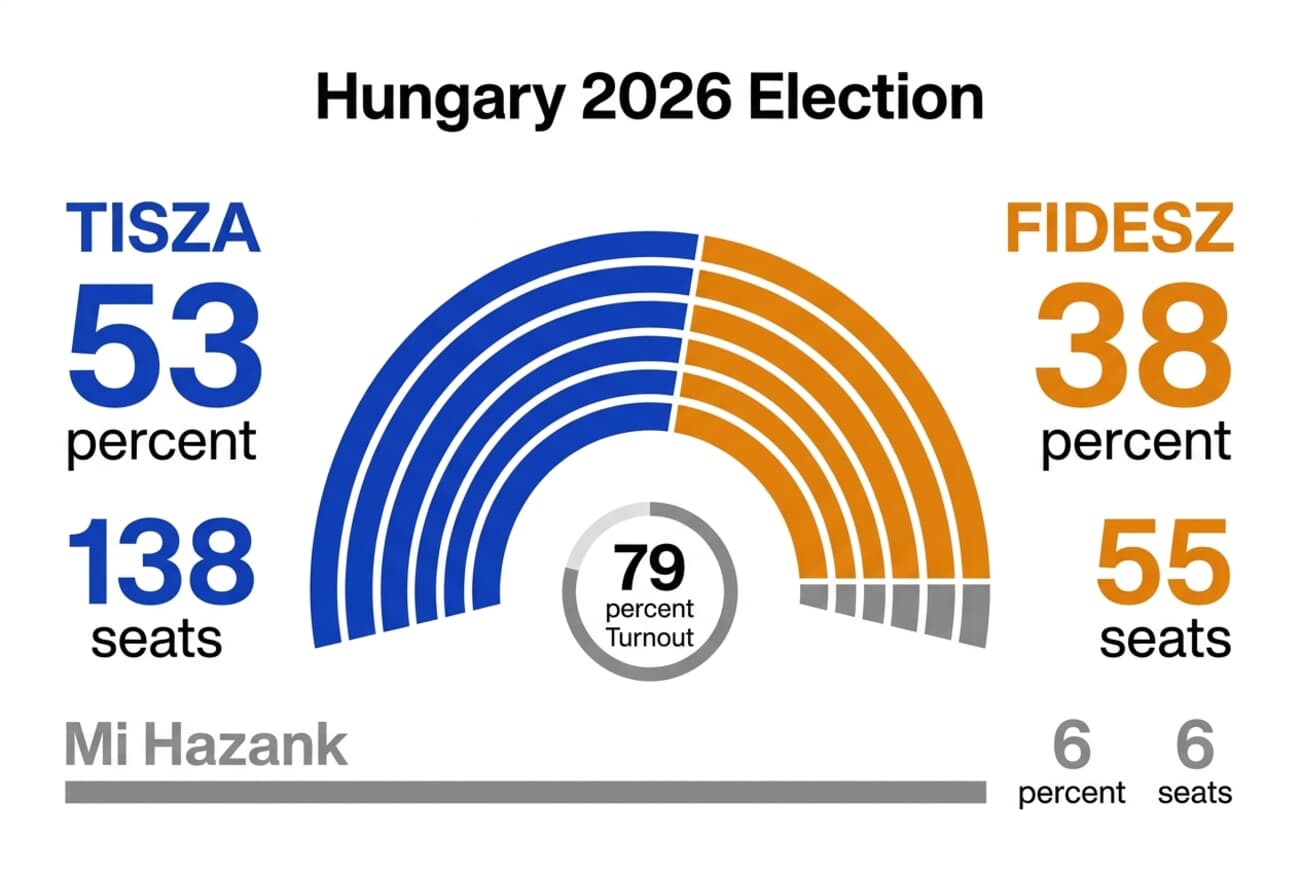 Infographic showing Hungary 2026 election results: TISZA 52.1% with 136 seats, Fidesz 39.5% with 57 seats, Mi Hazank 5.7% with 6 seats, 79.6% turnout
