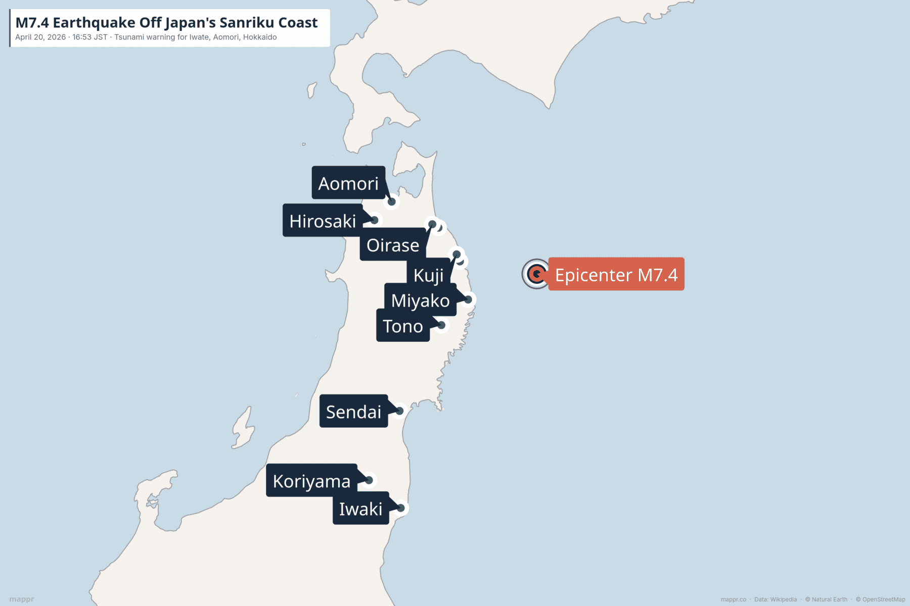 Regional static map of the M7.4 earthquake off Japan's Sanriku coast — epicenter 100 km ENE of Miyako, affected cities along the Iwate and Aomori coasts
