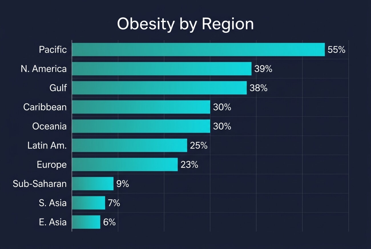 Horizontal bar chart showing average obesity rates by world region, from Pacific islands at 55% down to East Asia at 6%