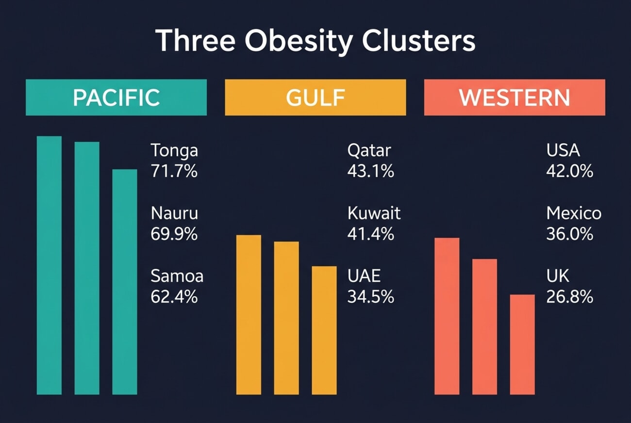 Comparison of three global obesity clusters: Pacific islands (Tonga 71.7%, Nauru 69.9%, Samoa 62.4%), Gulf states (Qatar 43.1%, Kuwait 41.4%, UAE 34.5%), and Western nations (USA 42.0%, Mexico 36.0%, UK 26.8%)