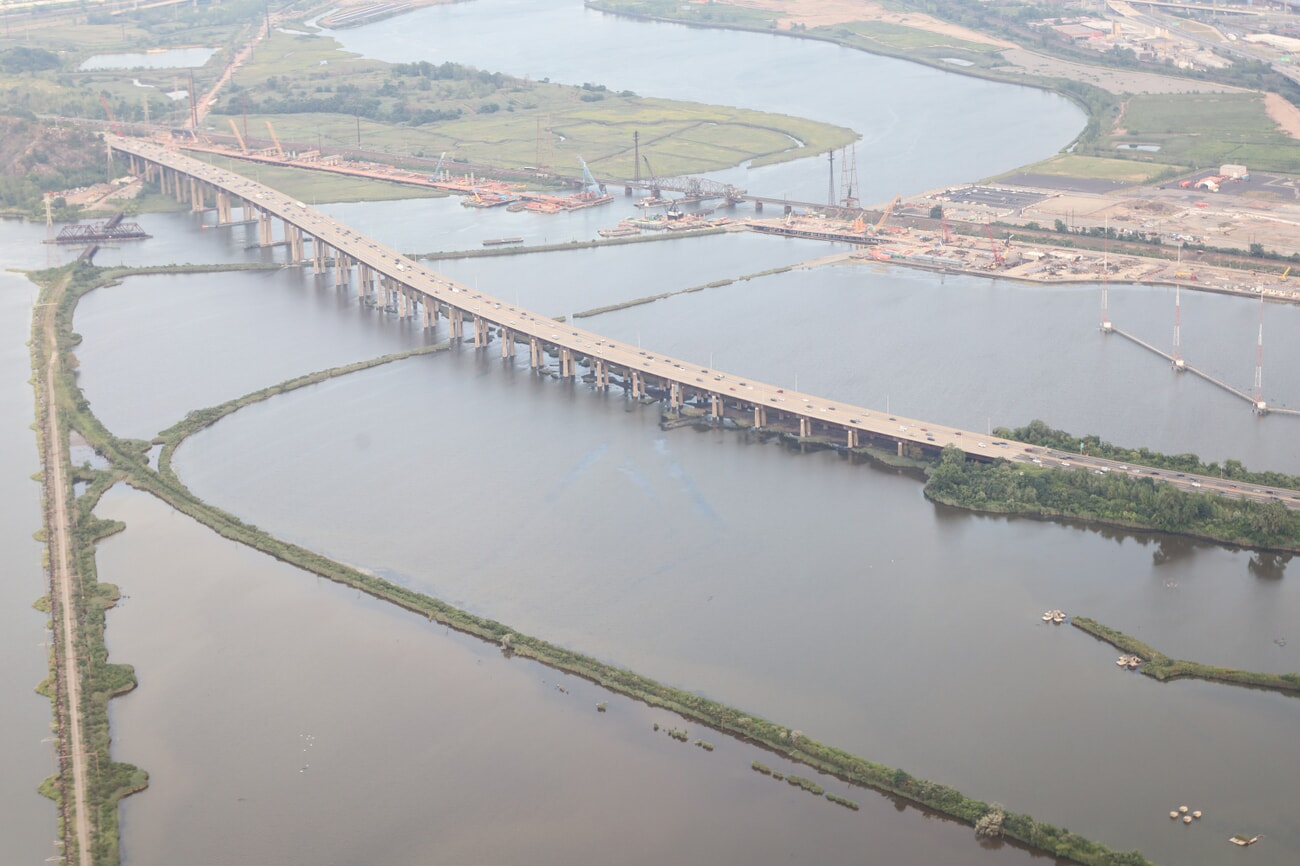 Aerial view of the Portal North Bridge and surrounding bridges over the Hackensack River, August 2023