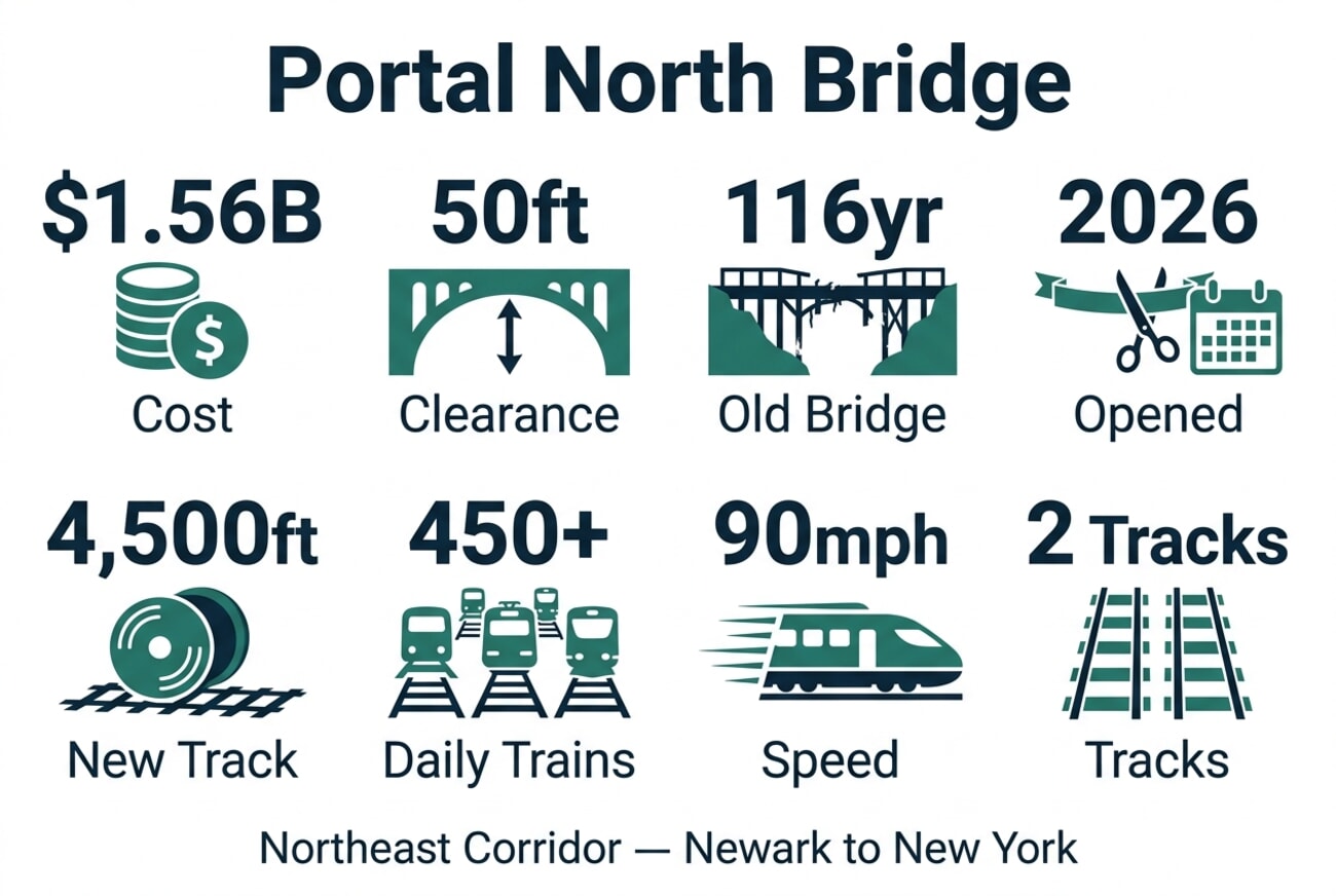 Infographic showing Portal North Bridge key specifications: $1.56B cost, 50ft clearance, 116-year-old bridge replaced, opened 2026, 4500ft new track, 450+ daily trains, 90mph speed, 2 tracks