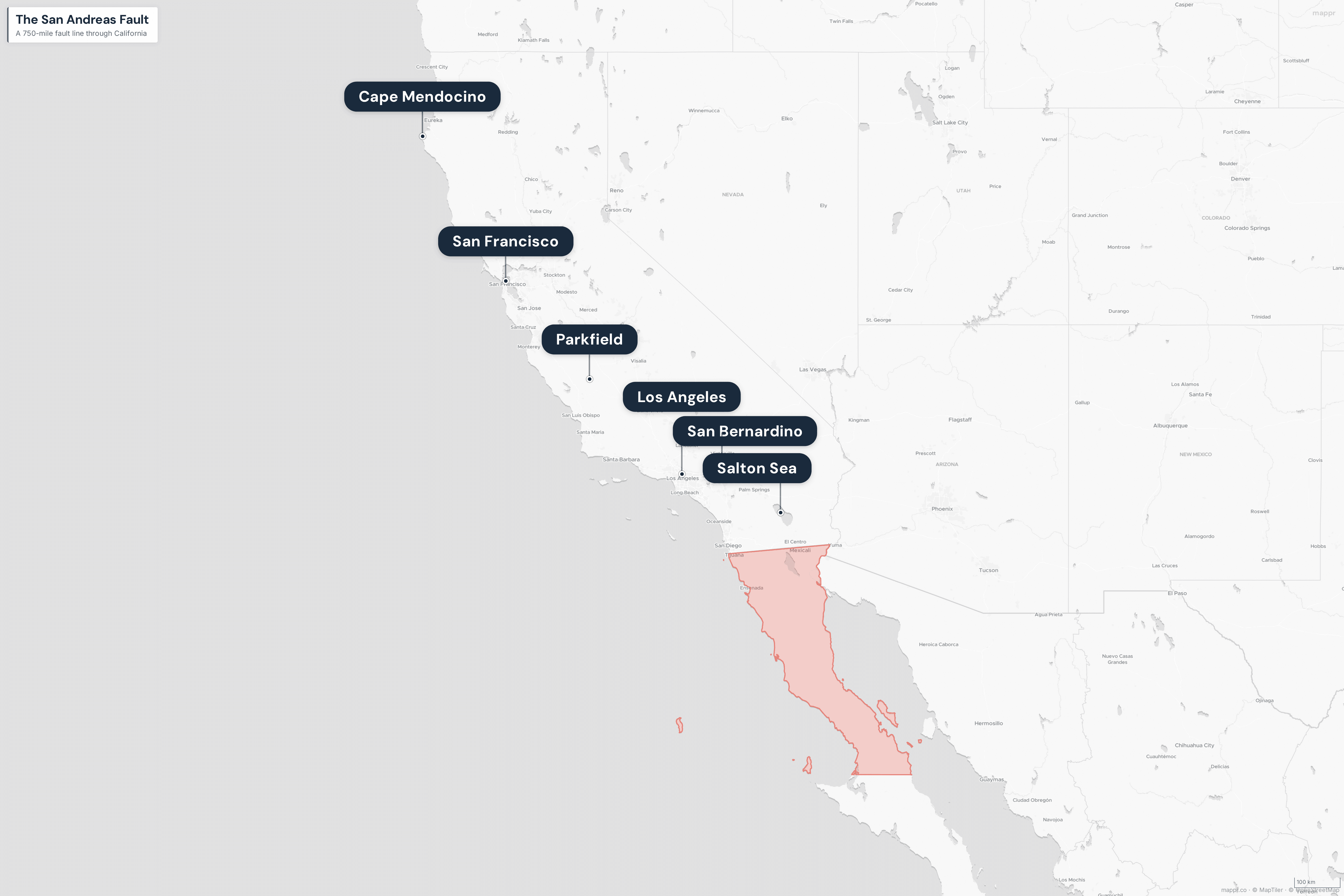 Map showing the San Andreas Fault line running through California from Cape Mendocino to the Salton Sea, with major population centers marked
