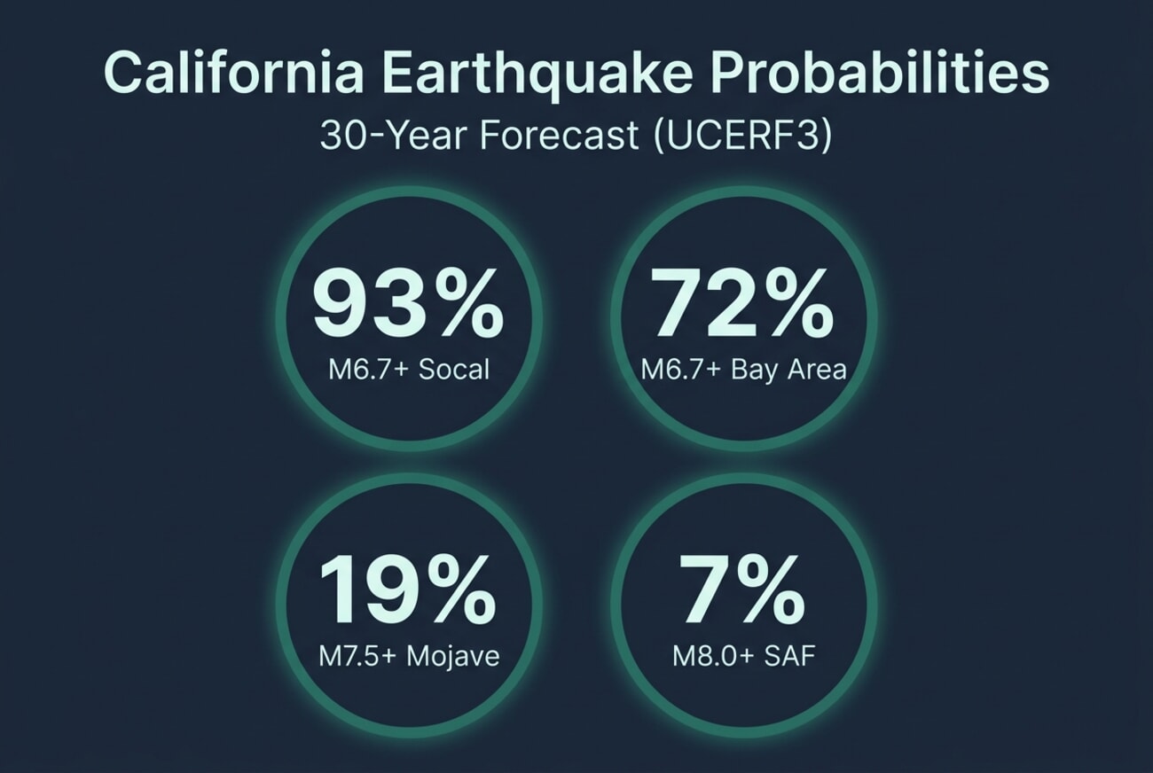 Infographic showing California earthquake probabilities over 30 years: 93% M6.7+ Southern California, 72% M6.7+ Bay Area, 19% M7.5+ Mojave segment, 7% M8.0+ San Andreas Fault