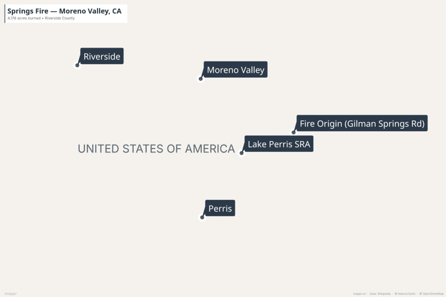 Static map showing the Springs Fire location near Moreno Valley, Riverside County, California