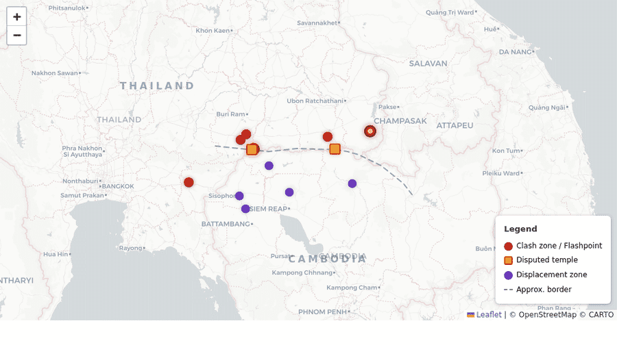 Static map showing Thailand-Cambodia border clash zones, disputed temples, and displacement areas along the Dangrek Mountains