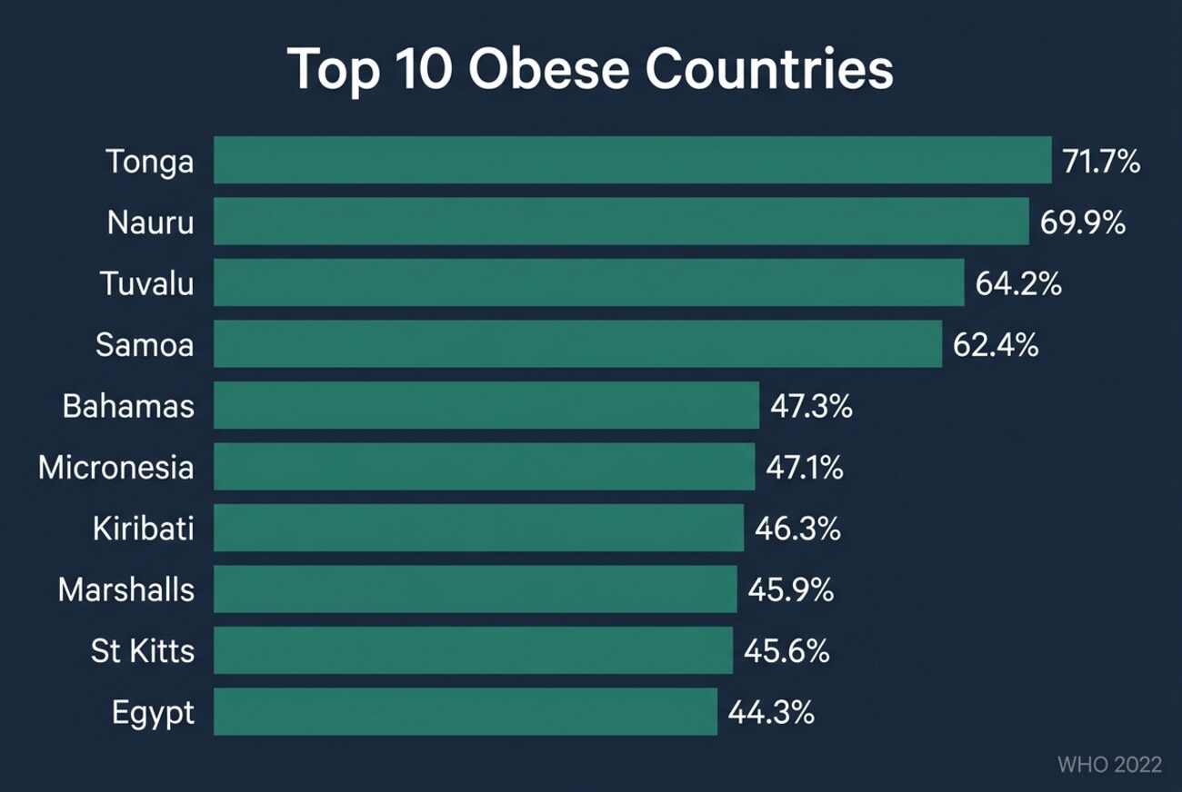 Bar chart showing the top 10 most obese countries in the world based on WHO 2022 data, led by Tonga at 71.7%