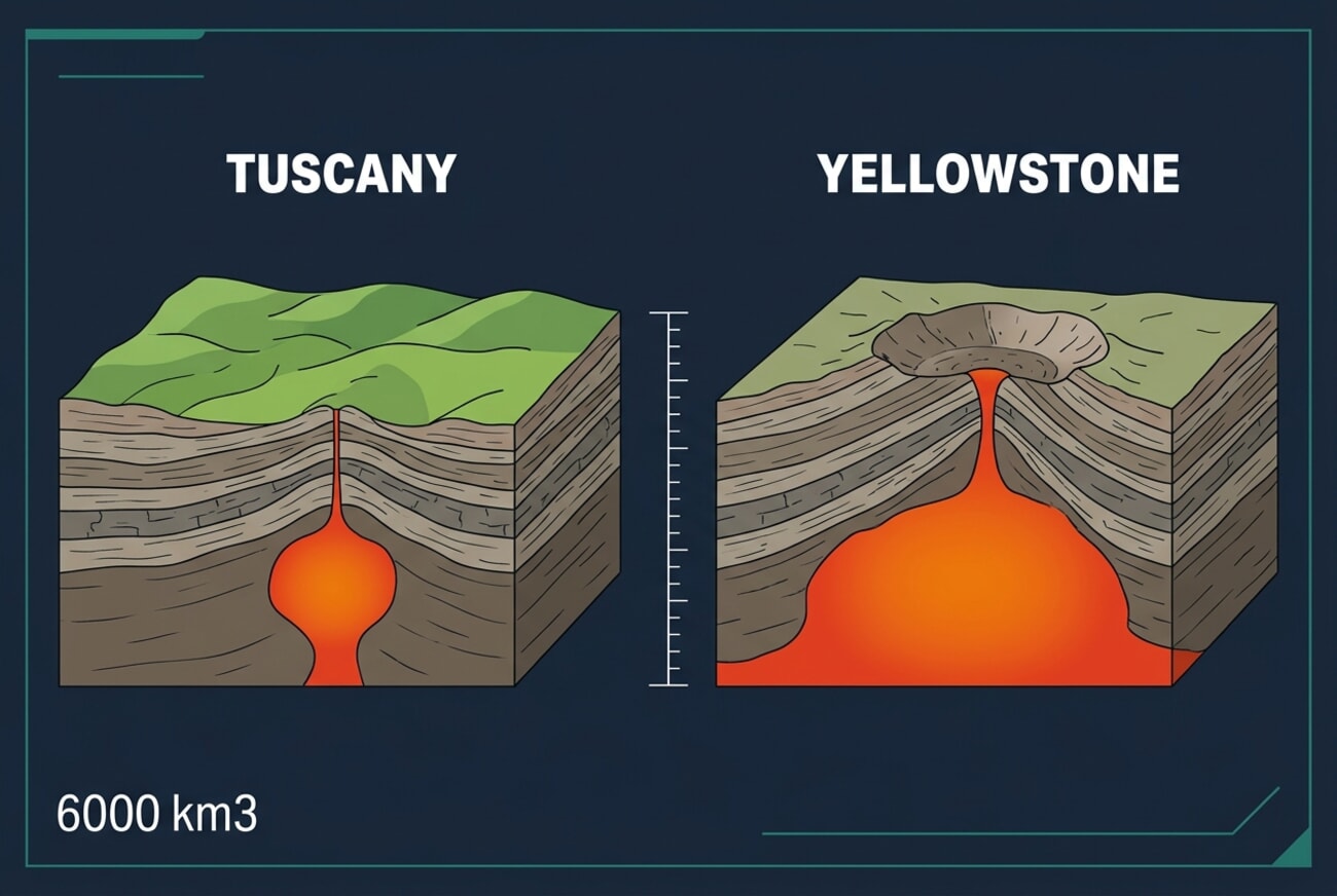 Infographic comparing Tuscany and Yellowstone magma reservoirs showing cross-section geological diagrams