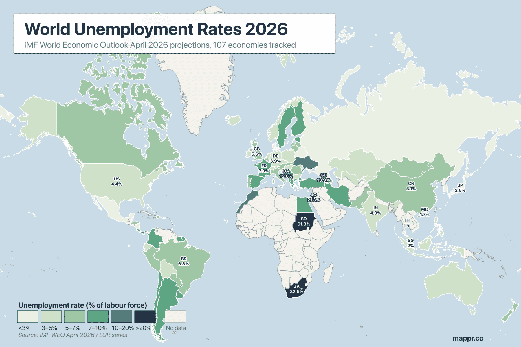 World choropleth map of 2026 unemployment rates — Sudan darkest at 61.3%, South Africa second, Thailand lightest at 1.0%. Warm beige no-data fill for countries the IMF doesn’t track.