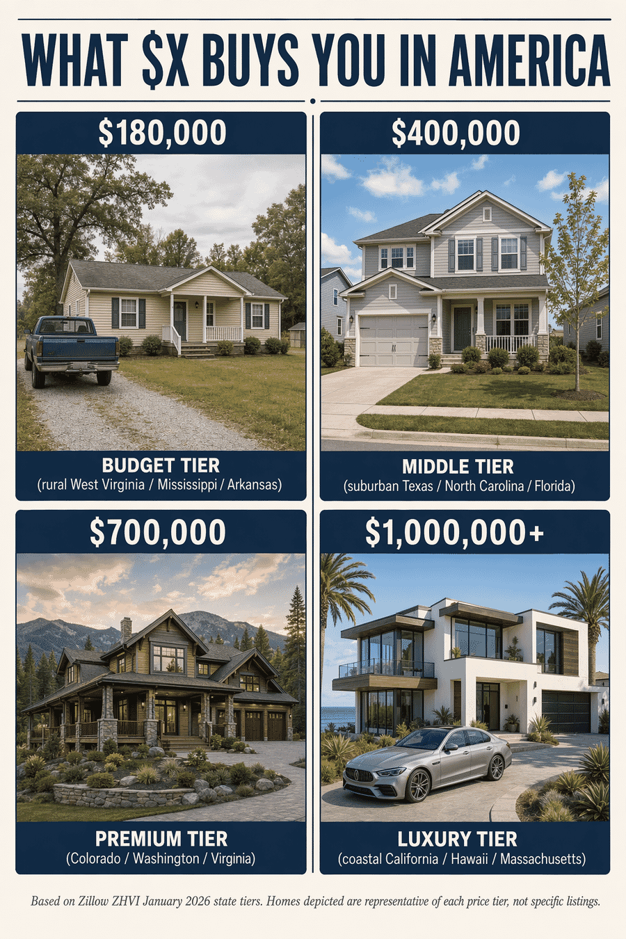 Four-panel editorial composite showing typical American homes at four price tiers: a $180k rural budget home (ranch-style with pickup truck in West Virginia / Mississippi / Arkansas); a $400k suburban middle-tier two-story home (Texas / North Carolina / Florida); a $700k premium Craftsman with mountain backdrop (Colorado / Washington / Virginia); and a $1M+ luxury coastal modern home (California / Hawaii / Massachusetts).
