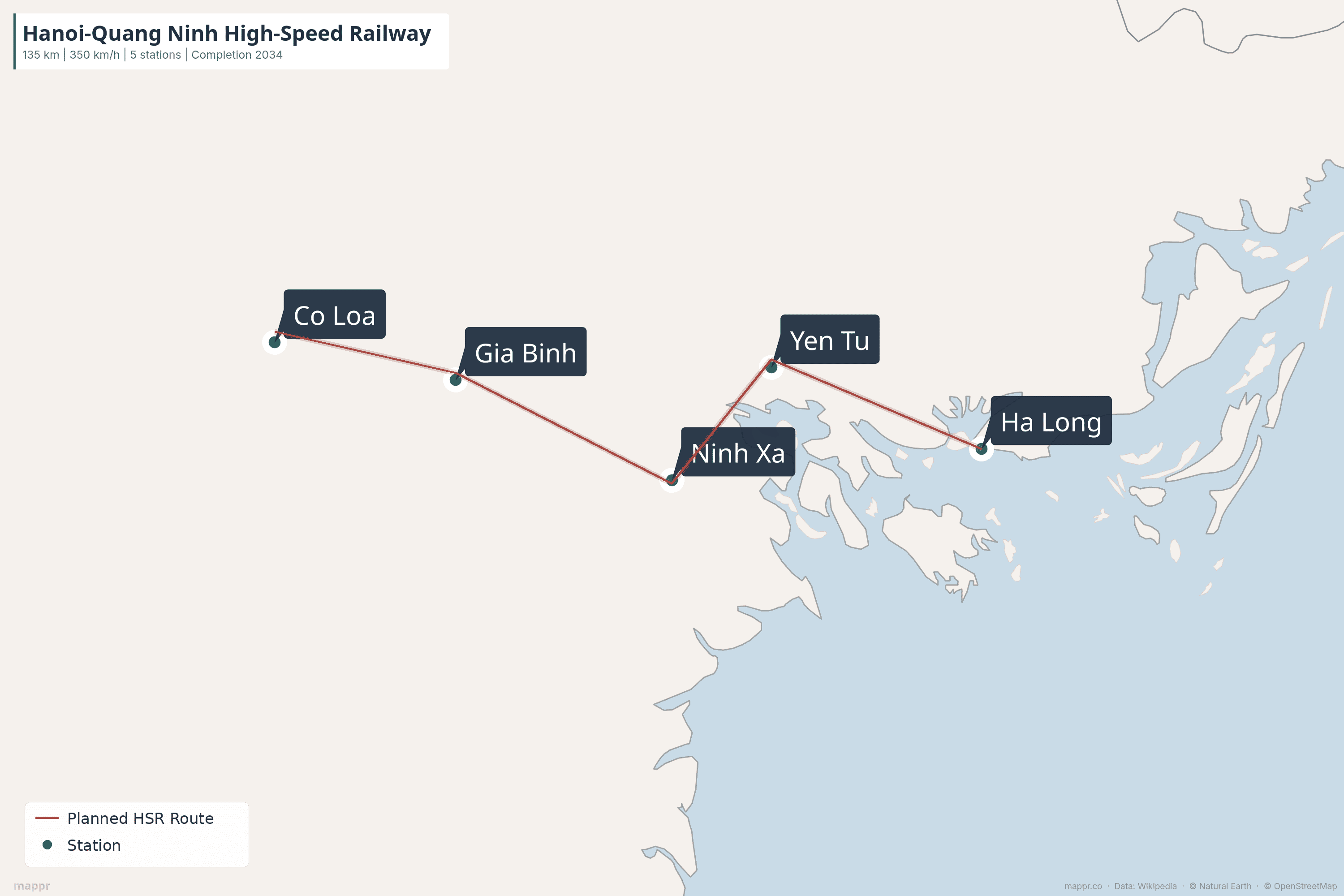 Static map showing the five stations of Vietnam's Hanoi–Quảng Ninh high-speed railway