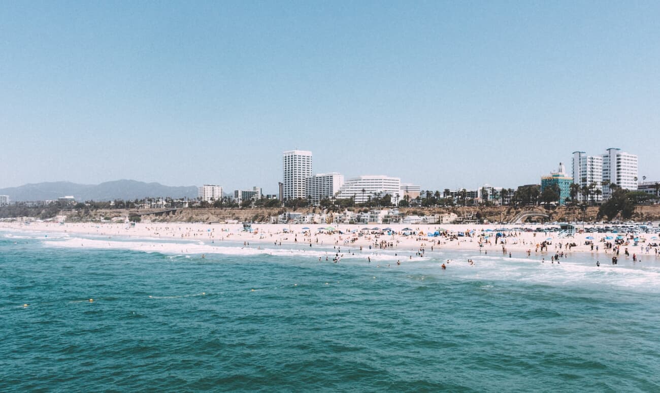 Wide beach, palms and a pier on the Los Angeles coast, California