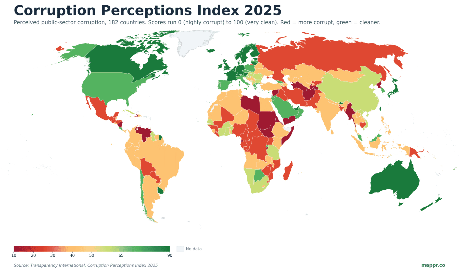 World choropleth of the 2025 Corruption Perceptions Index; red countries are more corrupt, green countries are cleaner