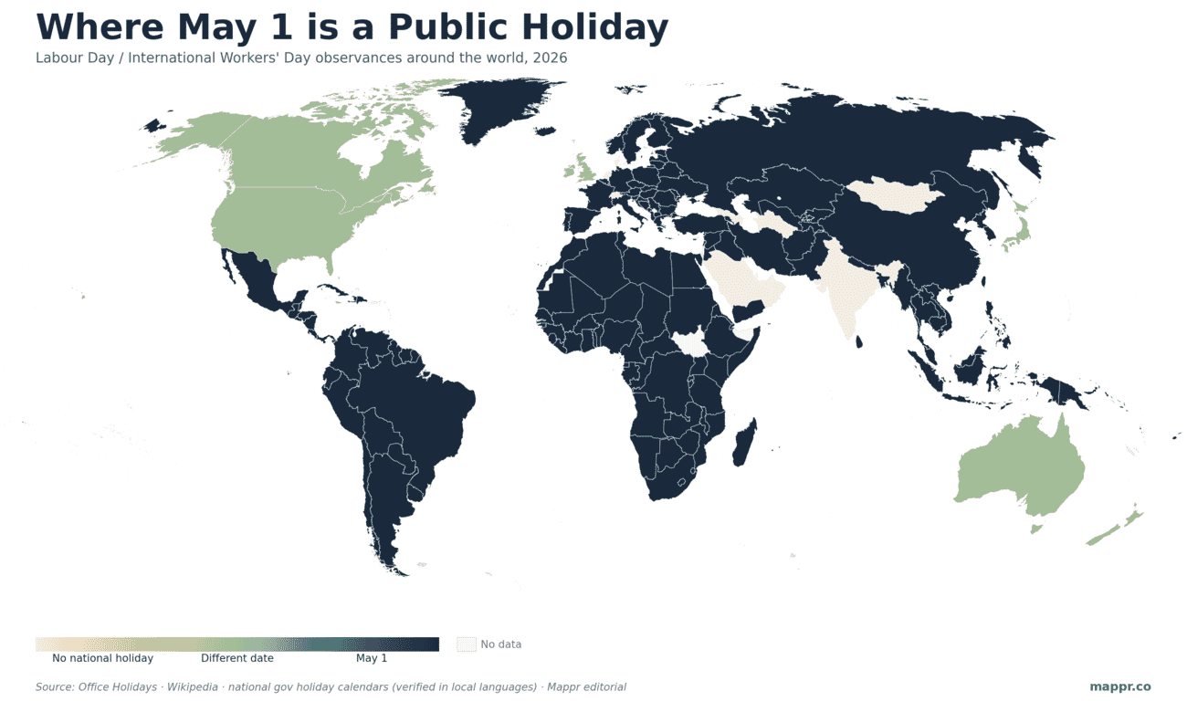World choropleth showing where May 1 is a public holiday: 171 countries observe Labour Day on May 1 (navy), 12 observe it on a different date (sage), and 16 have no national Labour Day holiday at all (cream)