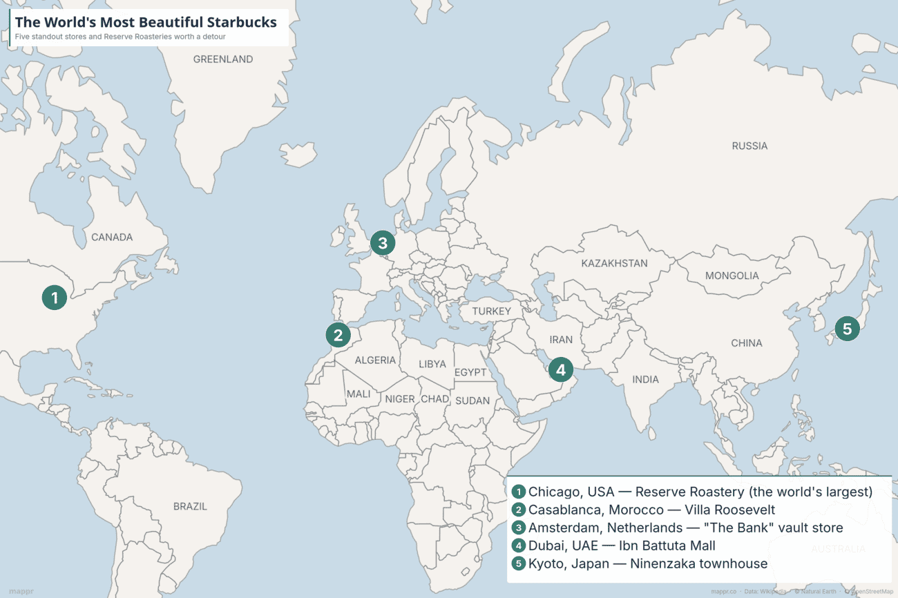 Map marking five of the world’s most beautiful Starbucks: Chicago, Casablanca, Amsterdam, Dubai and Kyoto