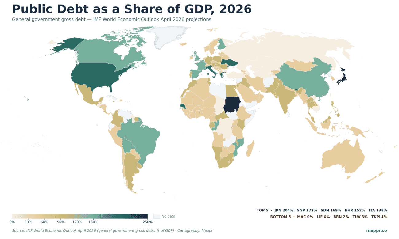 World choropleth showing general government gross debt as a percentage of GDP in 2026 by country, per IMF World Economic Outlook April 2026 projections — Japan and Singapore at the top, Macau, Liechtenstein, and Brunei at the bottom
