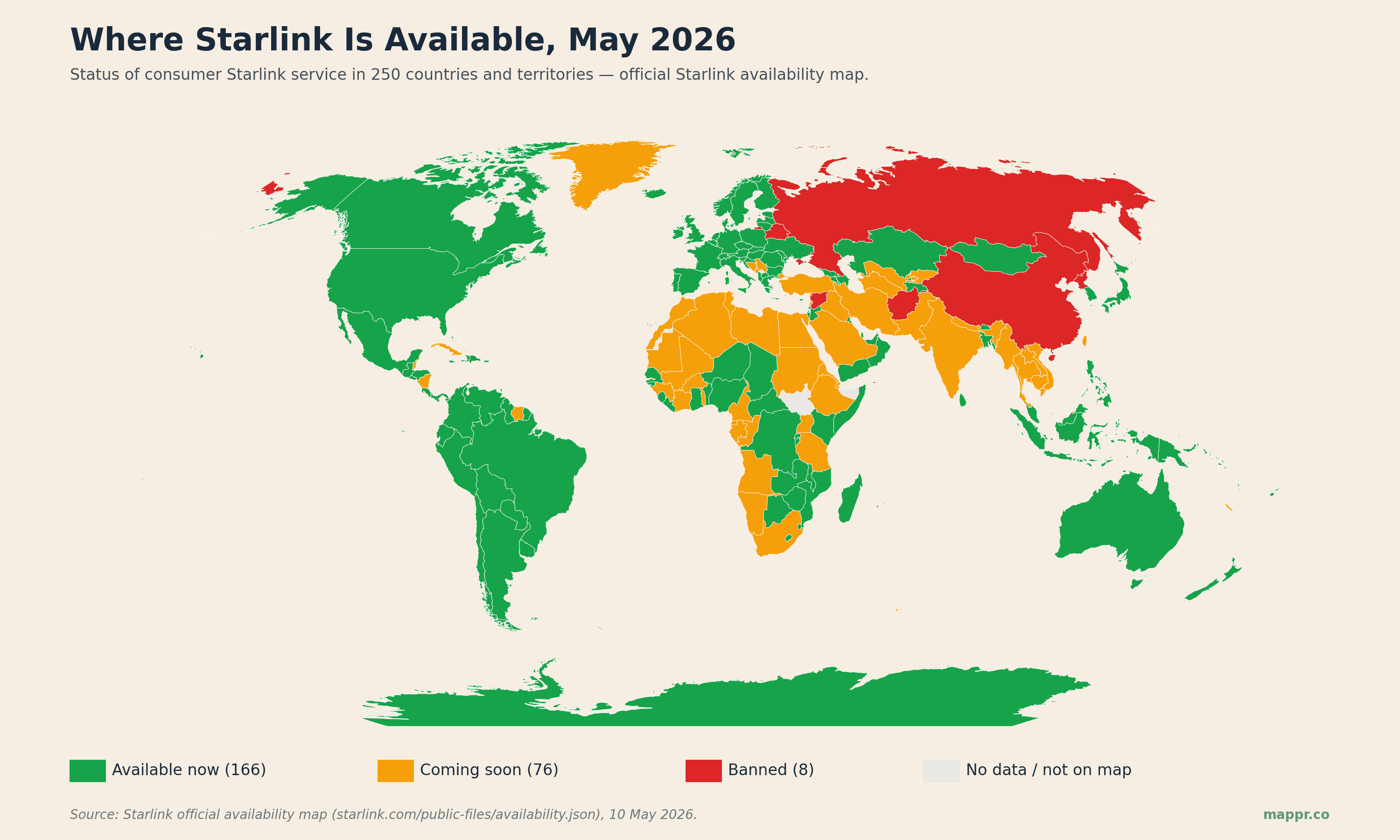 World choropleth map showing Starlink availability by country in May 2026 — most of the Americas, Europe, sub-Saharan Africa and Oceania shaded teal as Available now; Russia, China, Hong Kong, Macao, Belarus, Afghanistan, North Korea and Syria shaded navy as Blocked