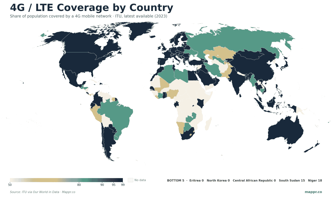 World choropleth map showing the share of each country’s population covered by a 4G LTE mobile network, near-universal across developed nations with the largest gaps in Sub-Saharan Africa